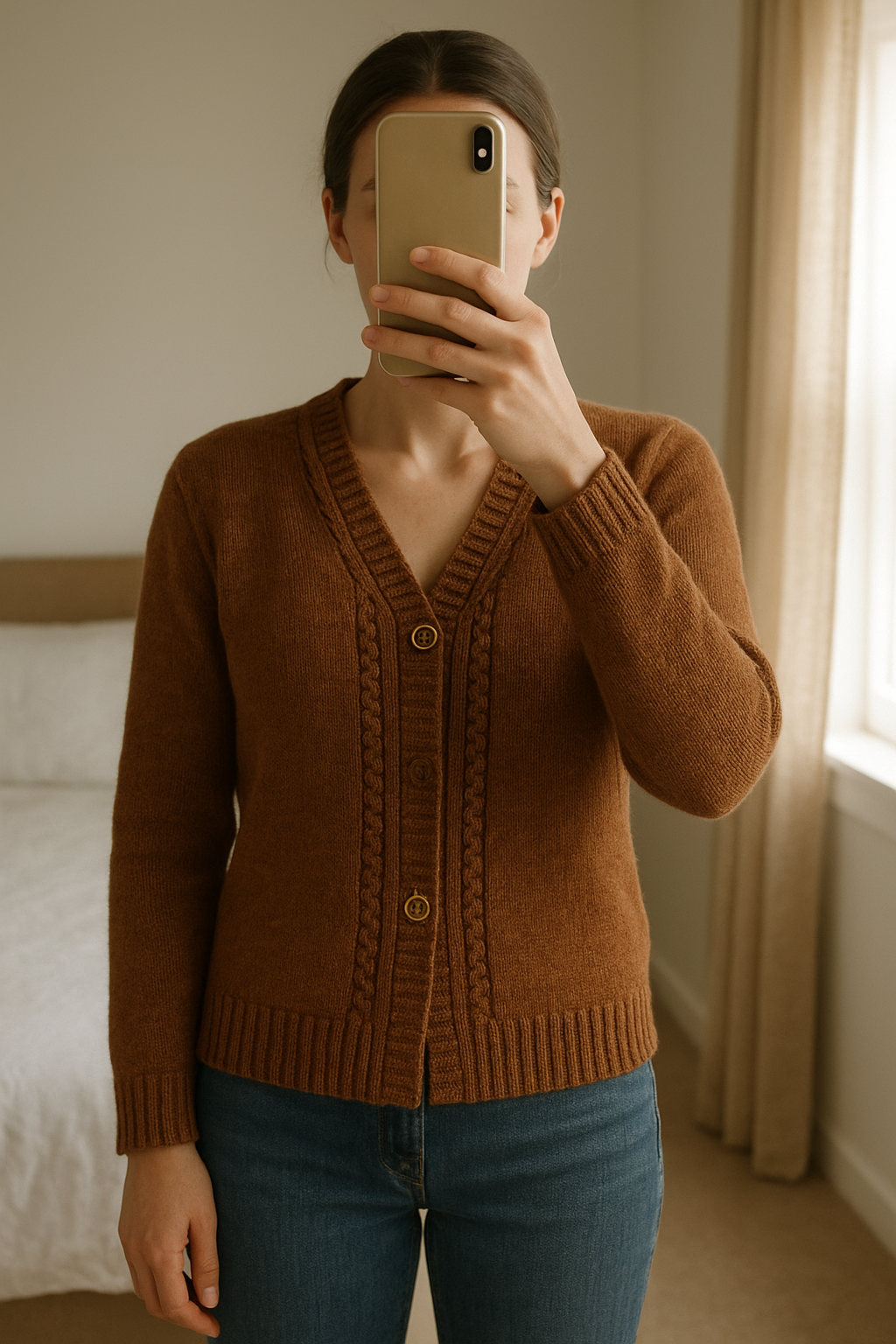 Très joli Cardigan veste Zipi Marron Taille M Oversize/L debout, face à la caméra, dans une chambre à la lumière douce, avec une lumière naturelle filtrant par la fenêtre.