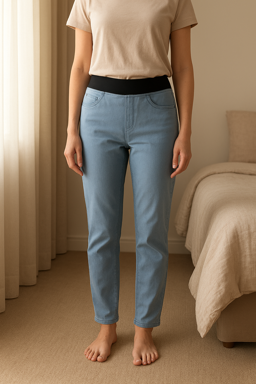Bonmarché Jean leggings standing straight facing the camera, in a softly lit bedroom setting, with gentle natural light filtering through a window.