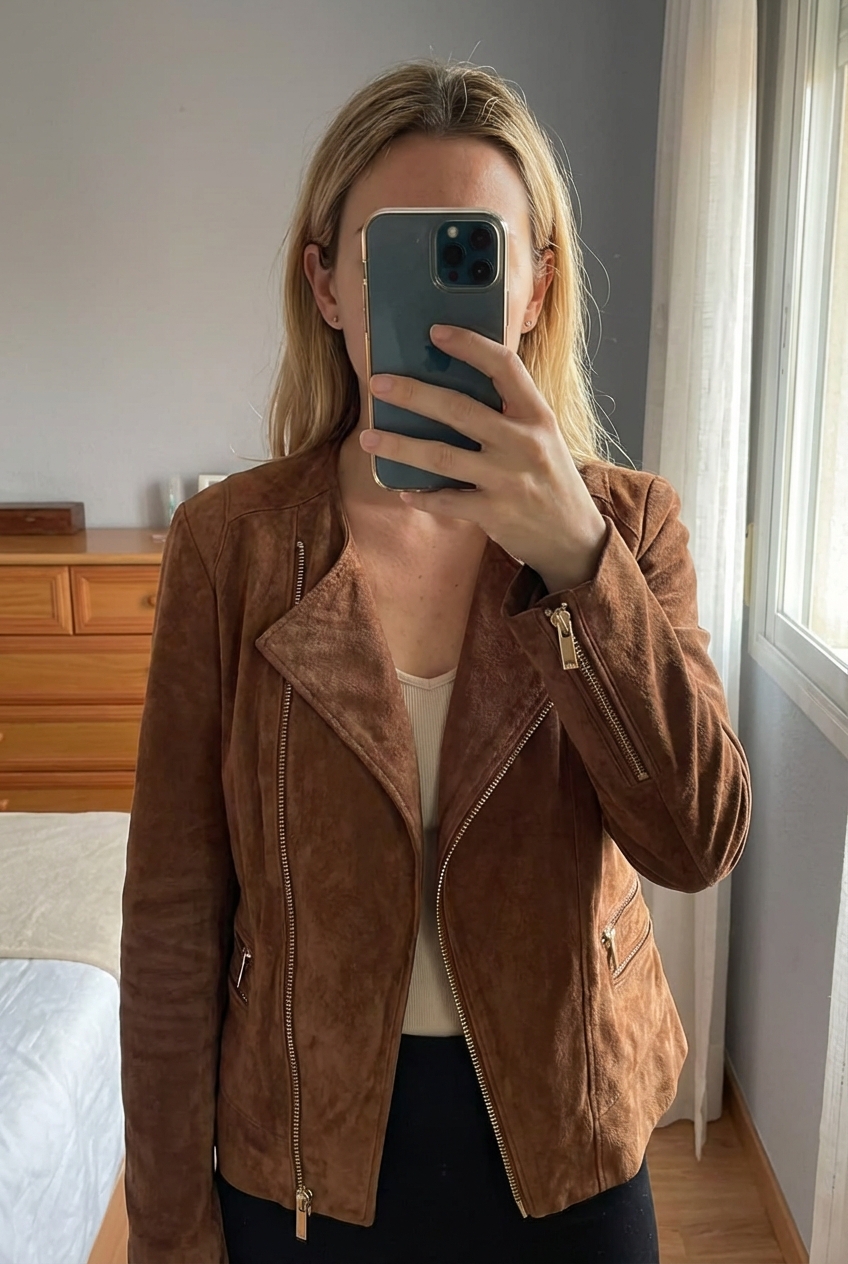 Cazadora mango piel mujer marron de pie, mirando a la cámara, en un dormitorio con luz suave y natural filtrándose por la ventana.