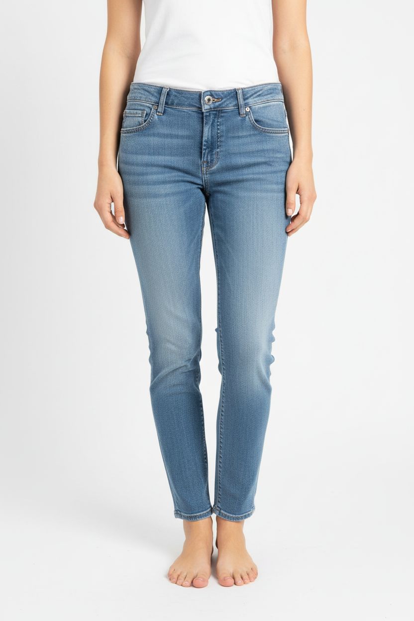 A person in White Company Light Blue Jeans 10 standing straight facing the camera, in a clean photo studio with seamless white backdrop and softbox lighting.