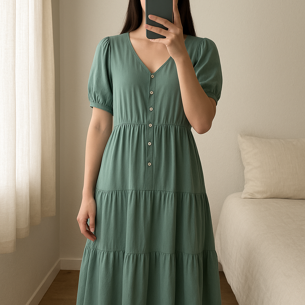 Robe longue Maxi dress Bobo Bohème bleu vert - Mulaya Collection - L/XL debout, face à la caméra, dans une chambre à la lumière douce, avec une lumière naturelle filtrant par la fenêtre.