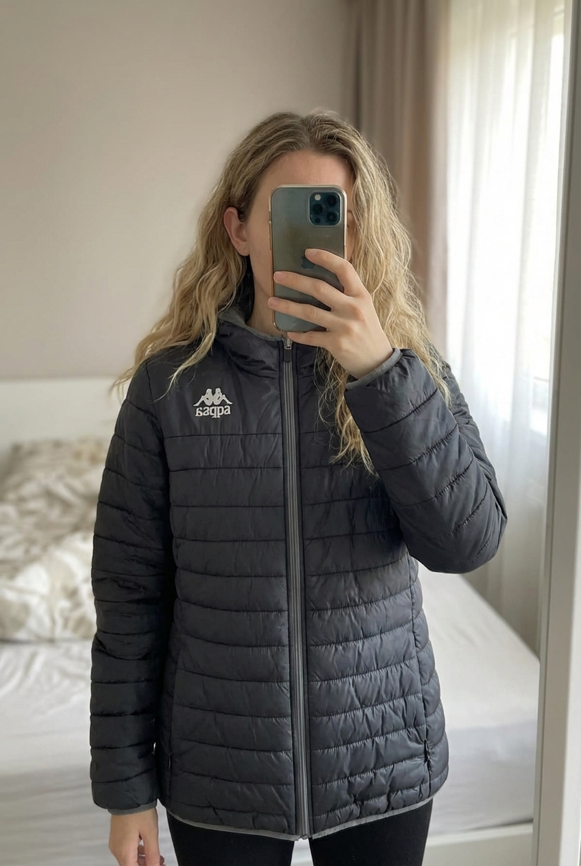 Doudoune kappa chaude debout, face à la caméra, dans une chambre à la lumière douce, avec une lumière naturelle filtrant par la fenêtre.