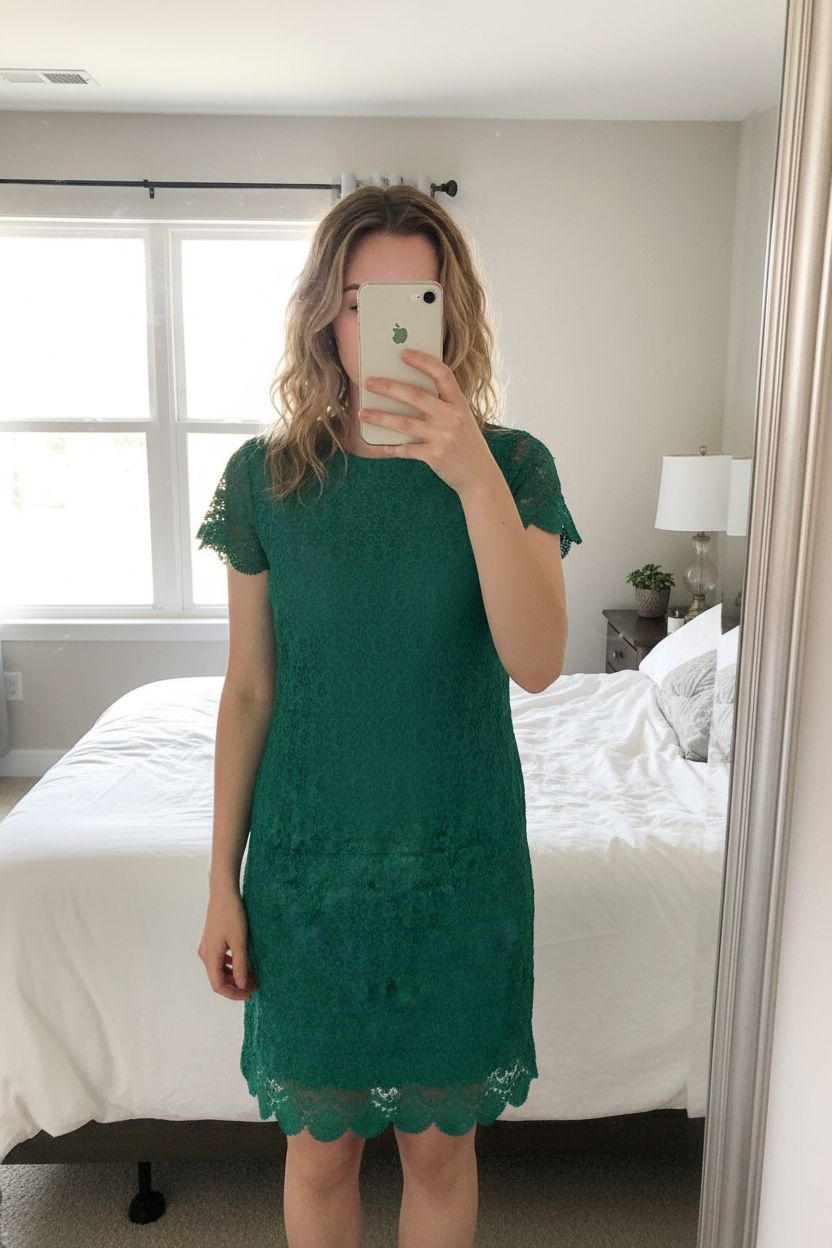H&M Green Lace Crochet short sleeve Dress UK14 Emerald Shift Occasion Wedding standing straight facing the camera, in a softly lit bedroom setting, with gentle natural light filtering through a window.