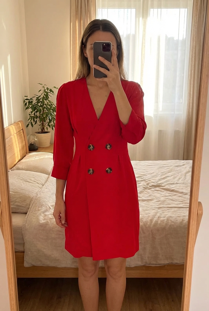Une personne en Robe blazer rouge Trendyol – Taille 38 debout, face à la caméra, avec une silhouette fine, dans une chambre à la lumière douce, avec une lumière naturelle filtrant par la fenêtre.