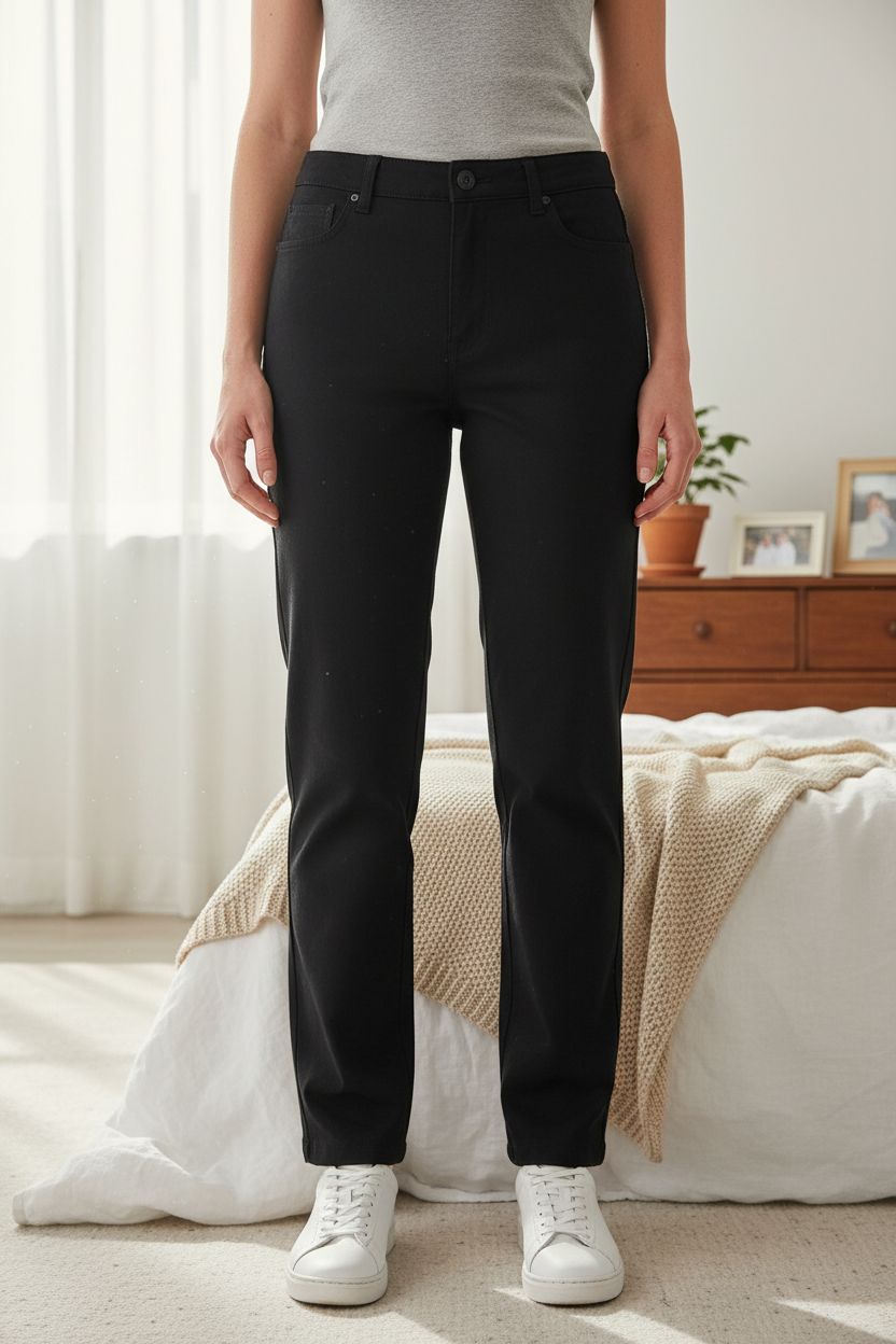 Vintage Black Peter Golding London Suede Trousers Black UK 10/12 standing straight facing the camera, in a softly lit bedroom setting, with gentle natural light filtering through a window.
