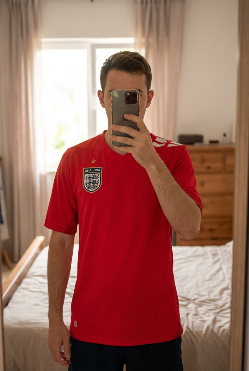 Maillot de football d'Angleterre saison 2006-2008 taille M debout, face à la caméra, dans une chambre à la lumière douce, avec une lumière naturelle filtrant par la fenêtre.