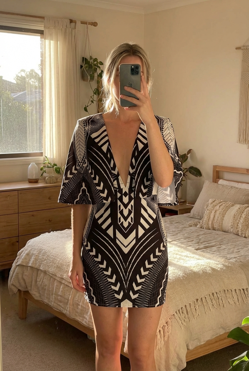 Une personne en Robe chic original - femme - S - Tiger Mist - neuve étiquetée debout, face à la caméra, dans une chambre à la lumière douce, avec une lumière naturelle filtrant par la fenêtre.