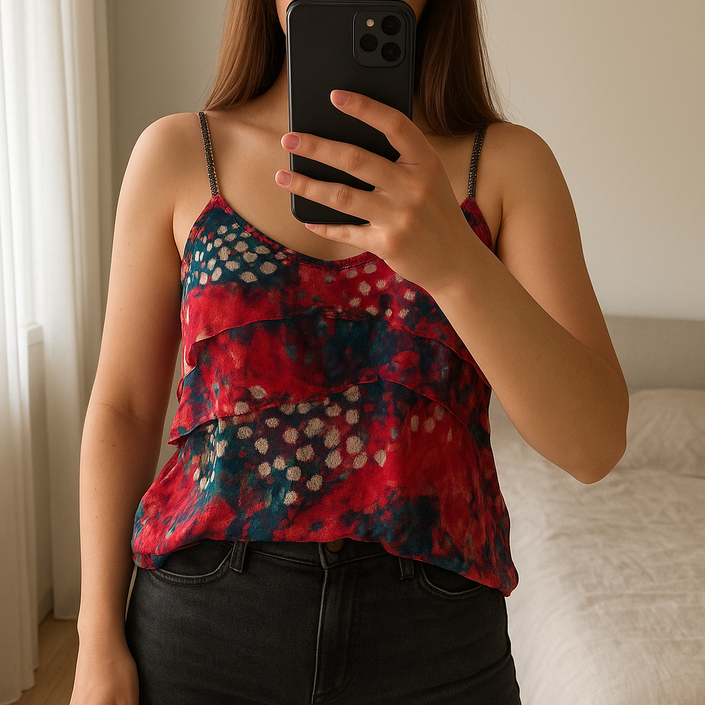 Crop top Zara T34 debout, face à la caméra, dans une chambre à la lumière douce, avec une lumière naturelle filtrant par la fenêtre.