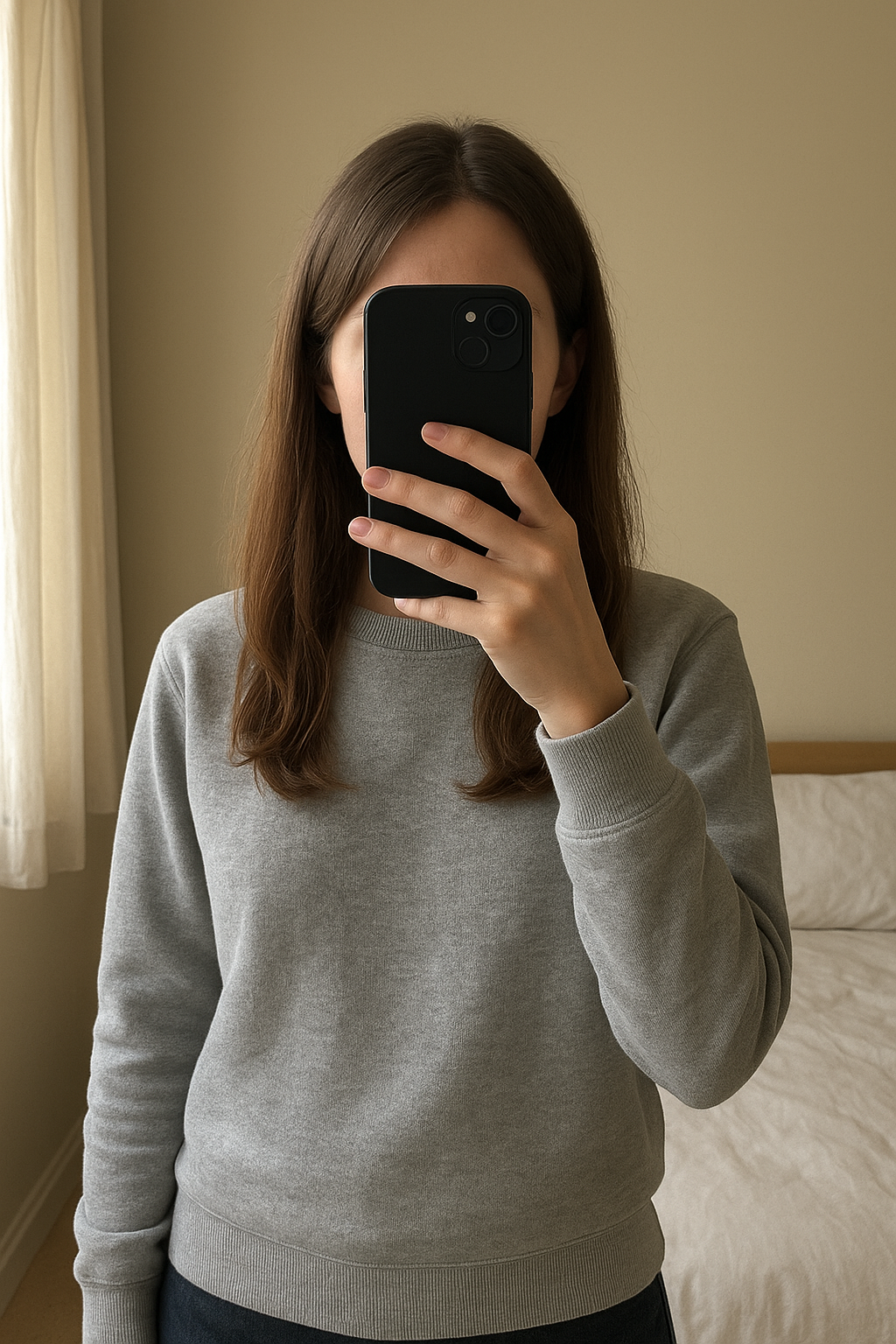 Pc portable Gris debout, face à la caméra, dans une chambre à la lumière douce, avec une lumière naturelle filtrant par la fenêtre.