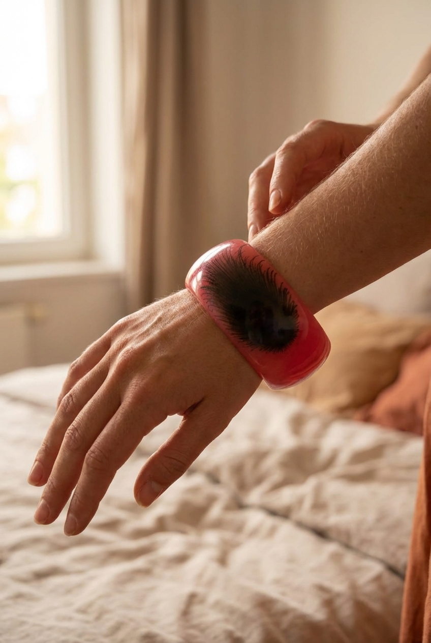 Pink & Black Resin Bangle Bracelet: Wide Statement Cuff standing straight facing the camera, in a softly lit bedroom setting, with gentle natural light filtering through a window.