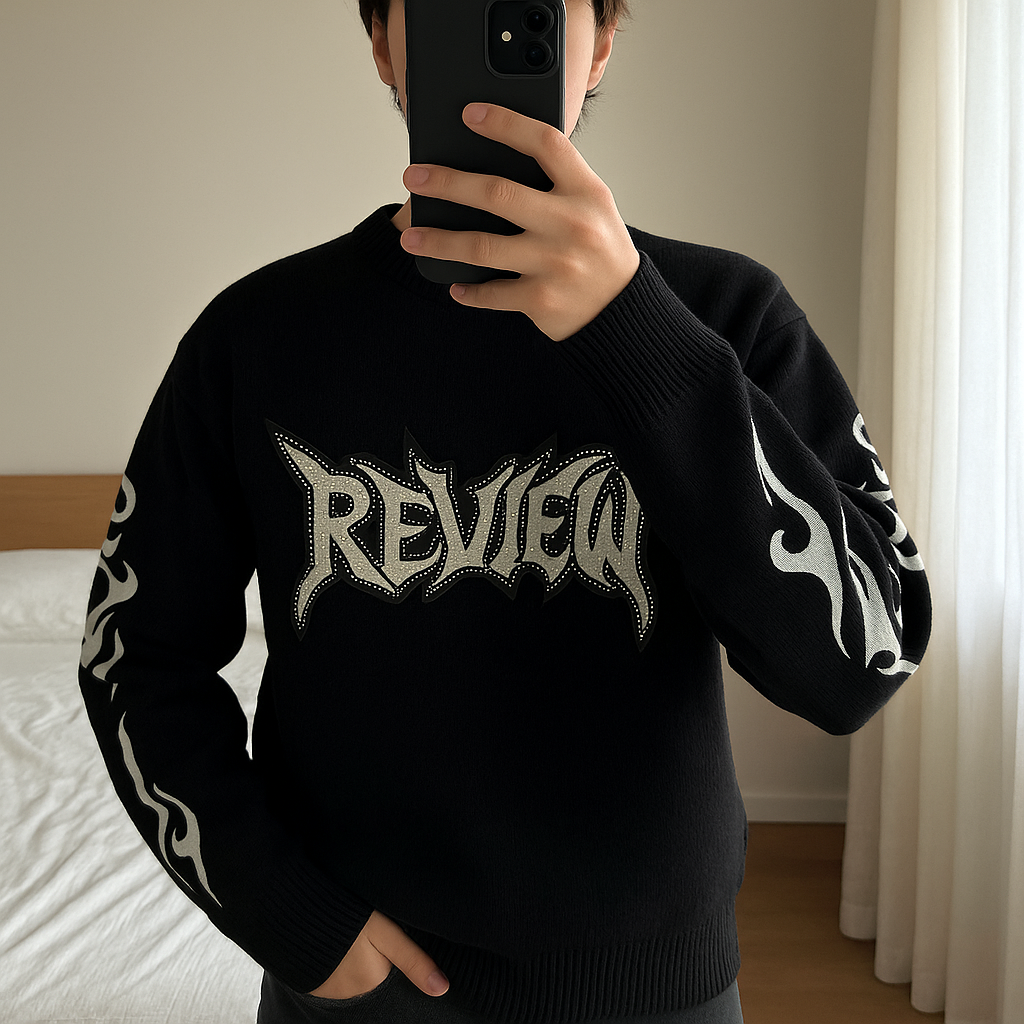 Čierny sveter REVIEW standing straight facing the camera, in a softly lit bedroom setting, with gentle natural light filtering through a window.