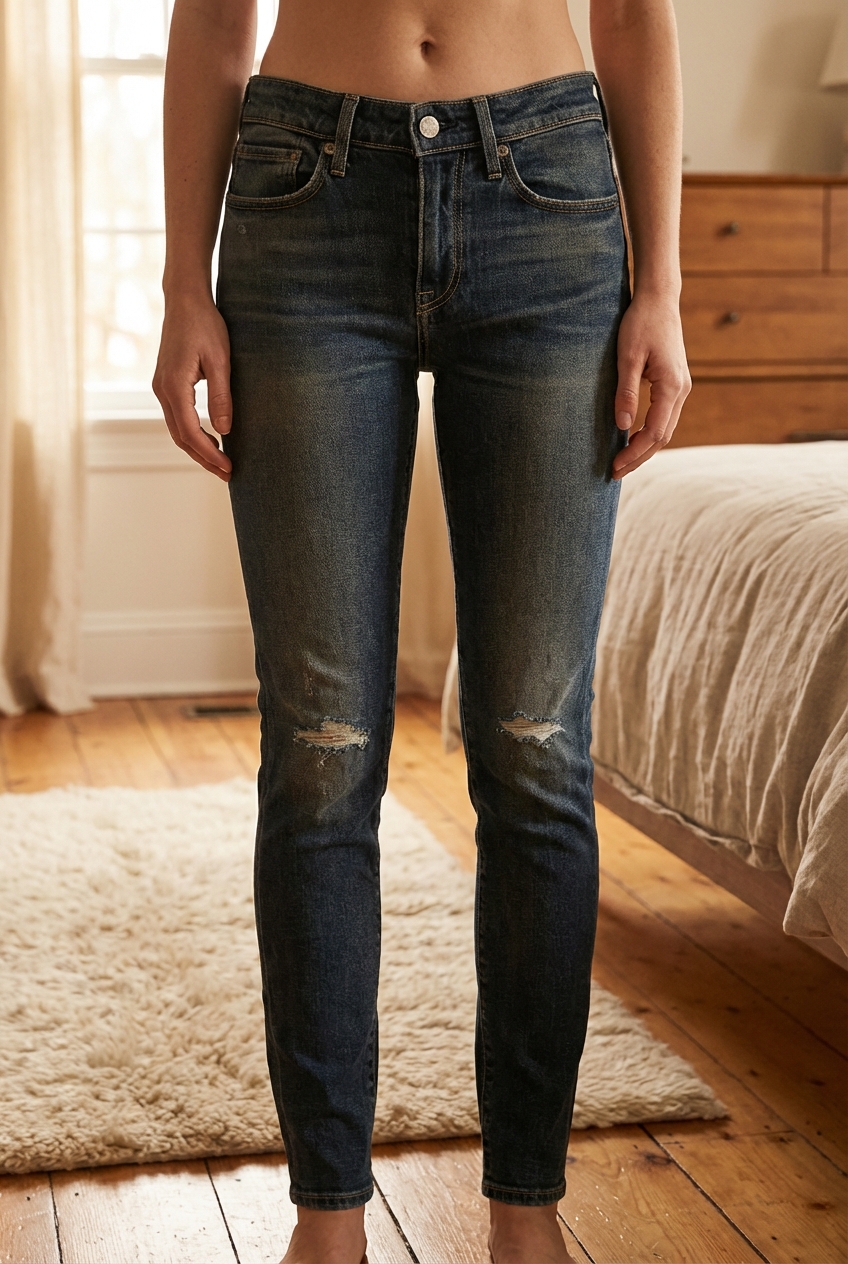Skinny Levis debout, face à la caméra, dans une chambre à la lumière douce, avec une lumière naturelle filtrant par la fenêtre.