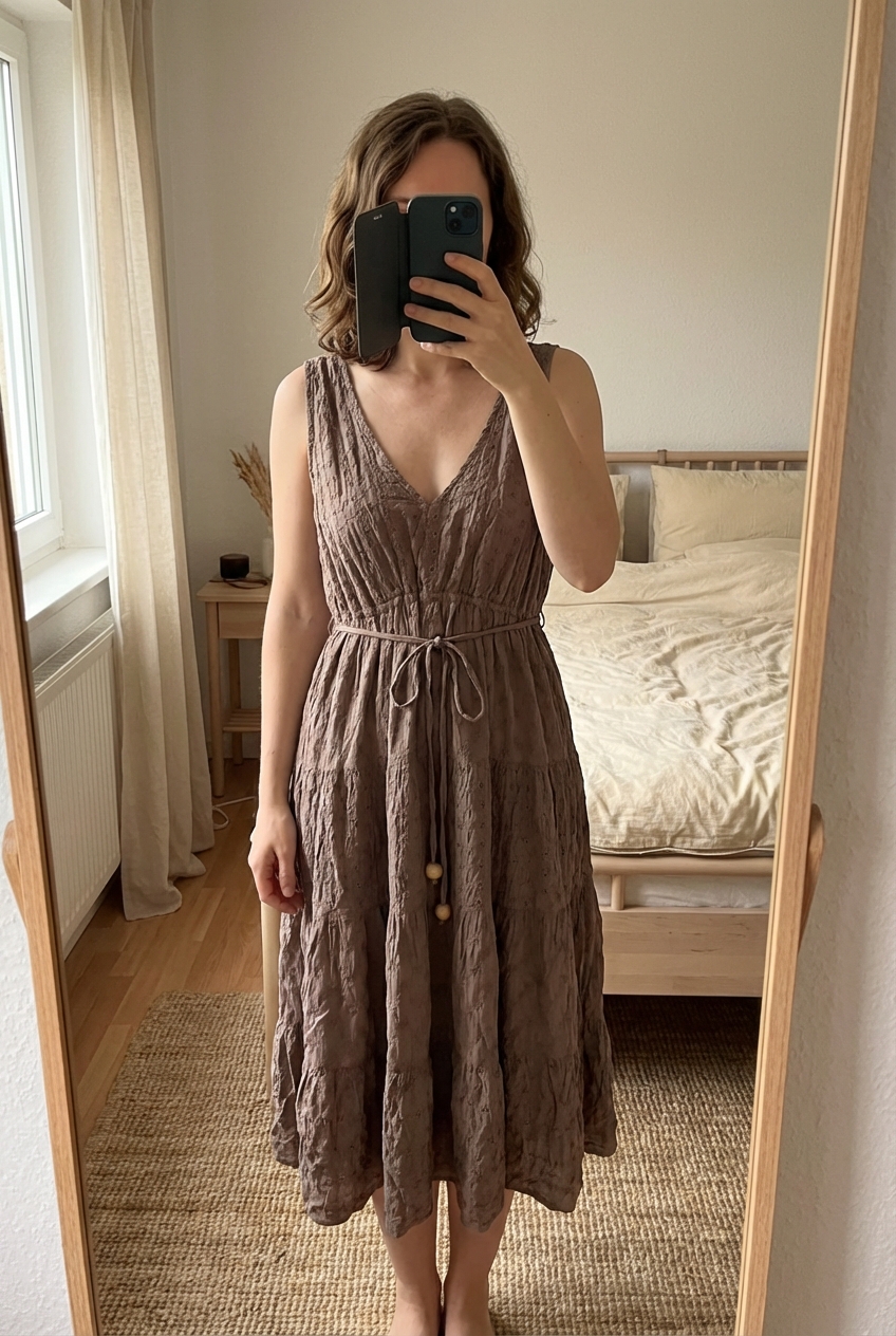 Vintage Kleid | Gr. 36 aufrecht stehend, der Kamera zugewandt, in einem sanft beleuchteten Schlafzimmer, mit natürlichem Licht, das durch ein Fenster fällt.