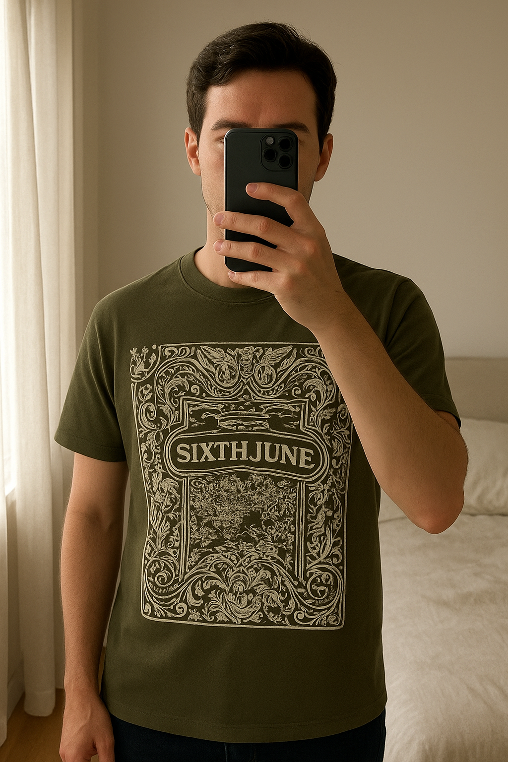 T-shirt Sixth June kaki logo beige debout, face à la caméra, dans une chambre à la lumière douce, avec une lumière naturelle filtrant par la fenêtre.