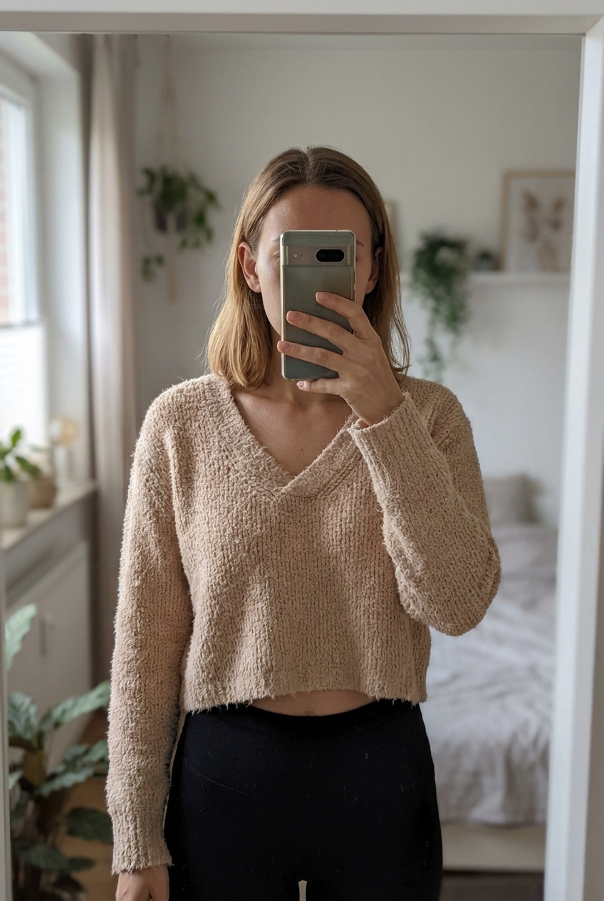 Eine Person in Toller Crop Pullover | Gr. S aufrecht stehend, der Kamera zugewandt, mit schlanker Figur, in einem sanft beleuchteten Schlafzimmer, mit natürlichem Licht, das durch ein Fenster fällt.