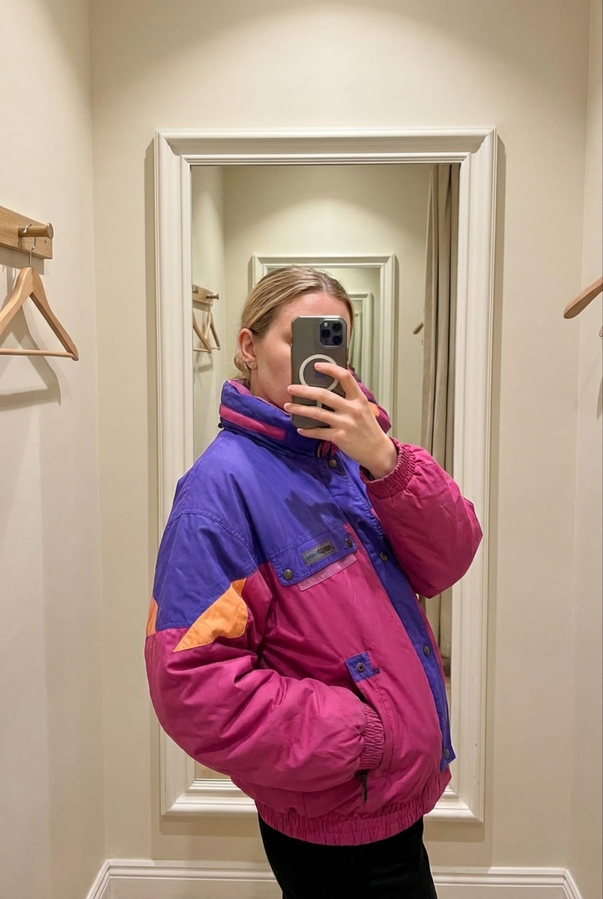 Eine Person in Veste de ski vintage Fusalp taille 54 femme très bon état authentique den Rücken leicht gewölbt für eine dynamische Pose, mit schlanker Figur, in einer Umkleidekabine im Boutiquenstil mit Spiegel und neutralem Dekor.