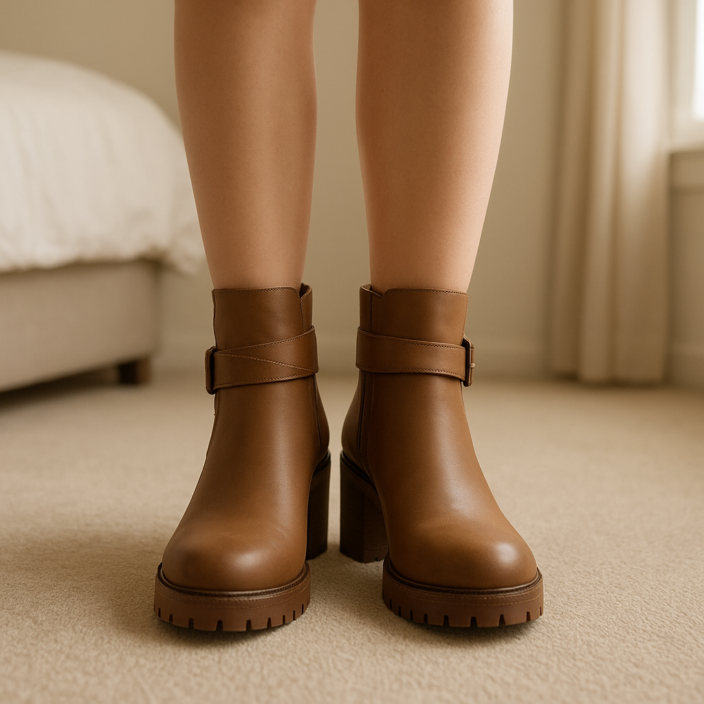 Ankle boots. With small chunky heel standing straight facing the camera, in a softly lit bedroom setting, with gentle natural light filtering through a window.
