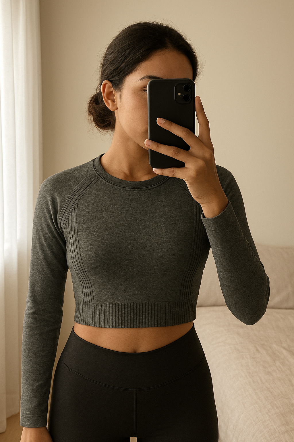 Une personne en Haut, shein, S cambrant légèrement le dos pour une pose dynamique, dans une chambre à la lumière douce, avec une lumière naturelle filtrant par la fenêtre.