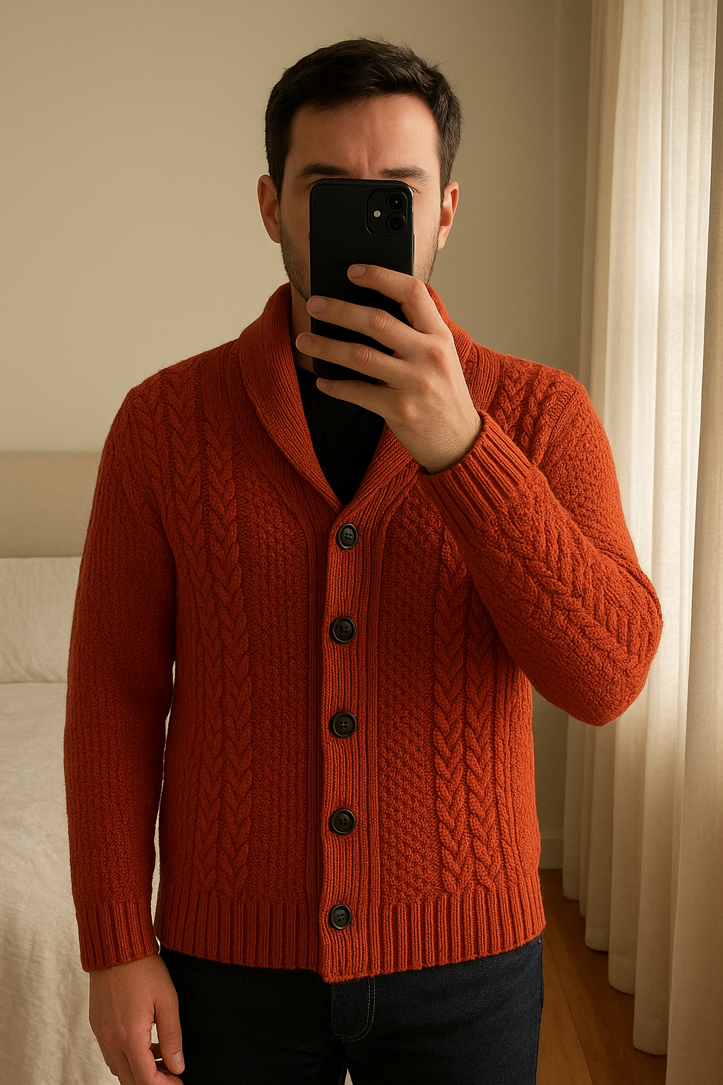 Gilet homme taille S debout, face à la caméra, dans une chambre à la lumière douce, avec une lumière naturelle filtrant par la fenêtre.