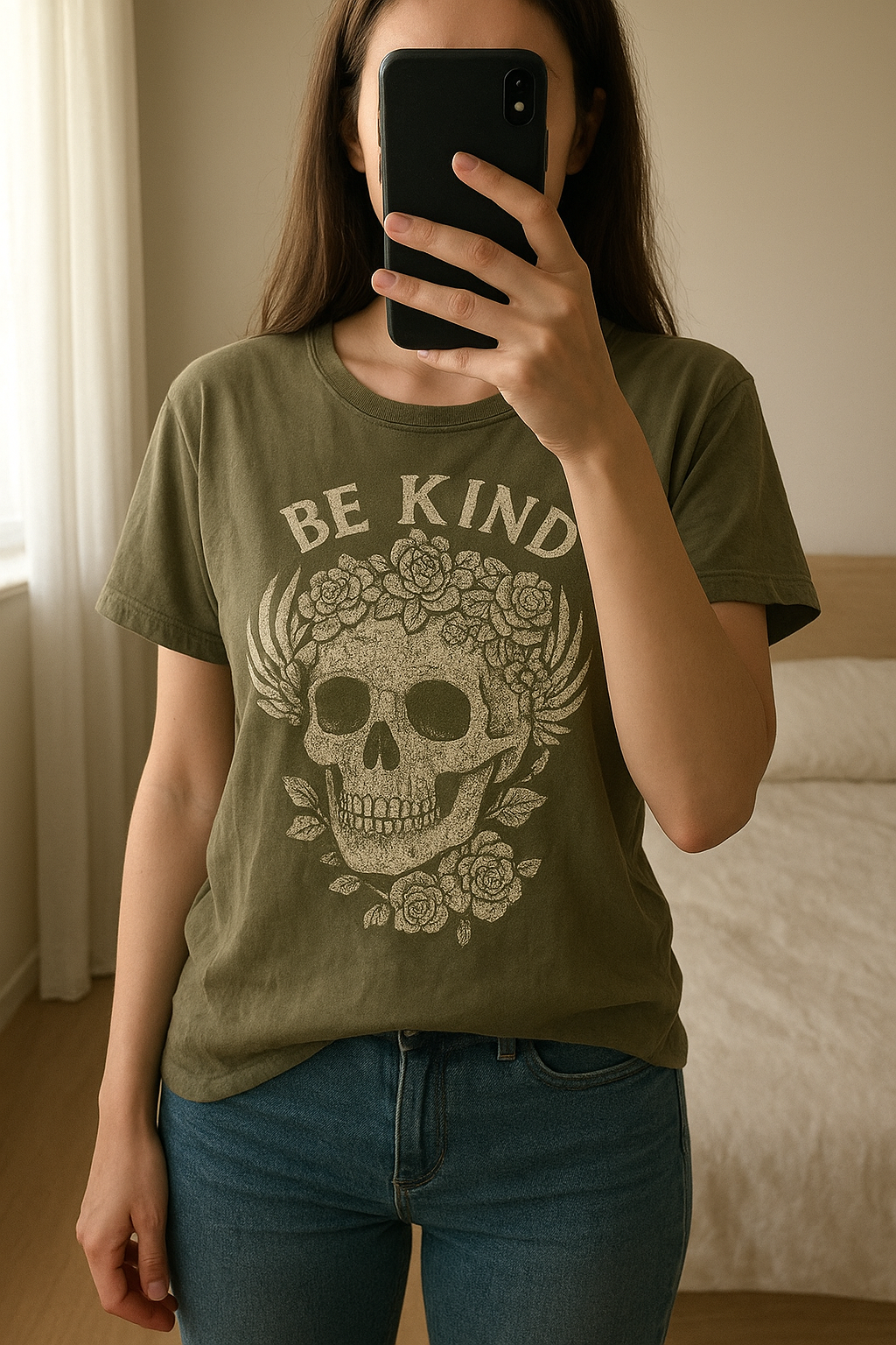 tee shirt Ikks fille taille 14 ans debout, face à la caméra, dans une chambre à la lumière douce, avec une lumière naturelle filtrant par la fenêtre.