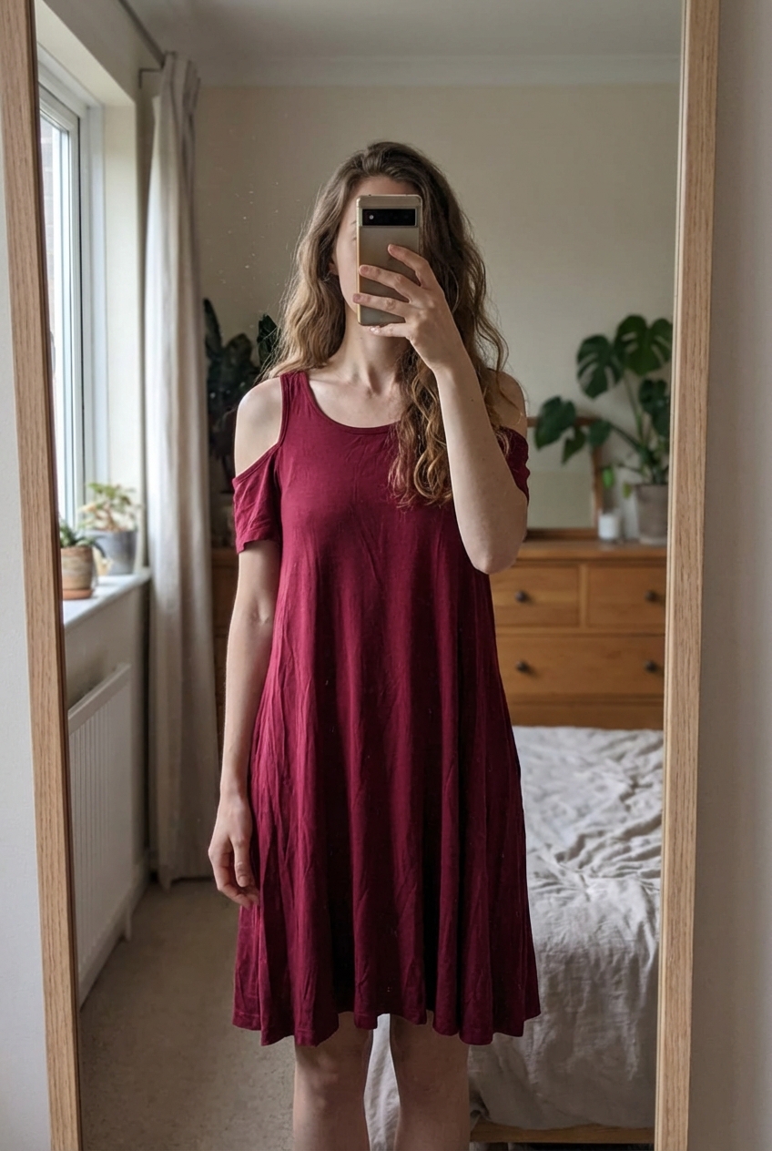 Lässiges Kleid mit Cut Outs im Schulterbereich | Gr. XS-S aufrecht stehend, der Kamera zugewandt, in einem sanft beleuchteten Schlafzimmer, mit natürlichem Licht, das durch ein Fenster fällt.