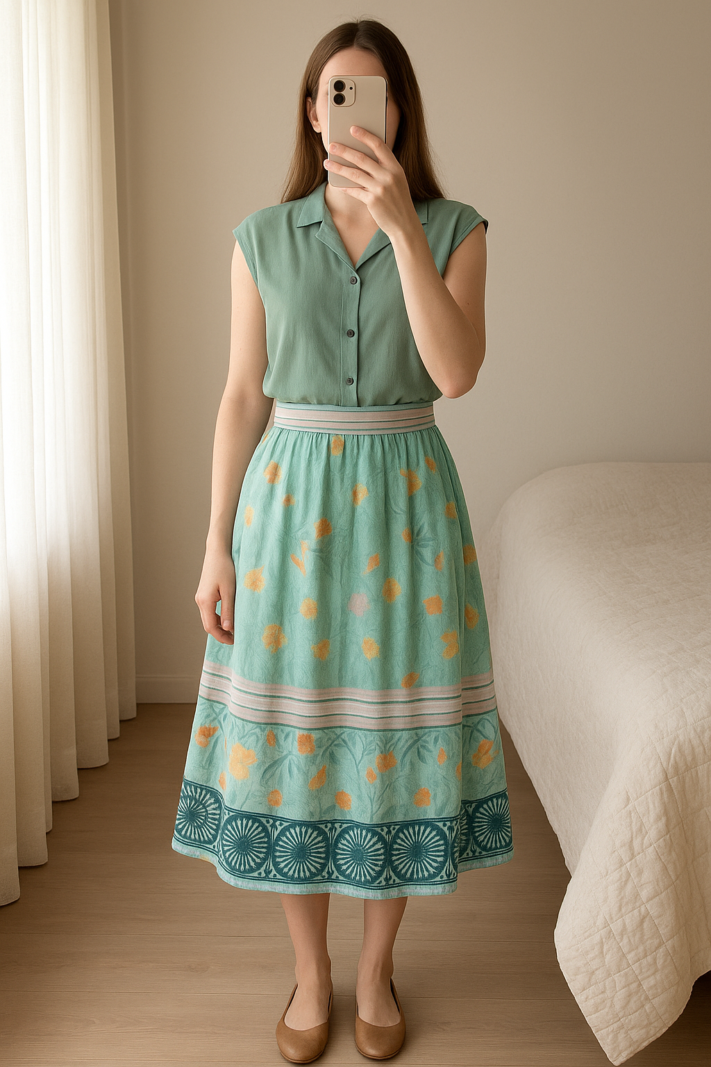 Nieuwe zijden rok - Essentiel - maat 36 standing straight facing the camera, in a softly lit bedroom setting, with gentle natural light filtering through a window.