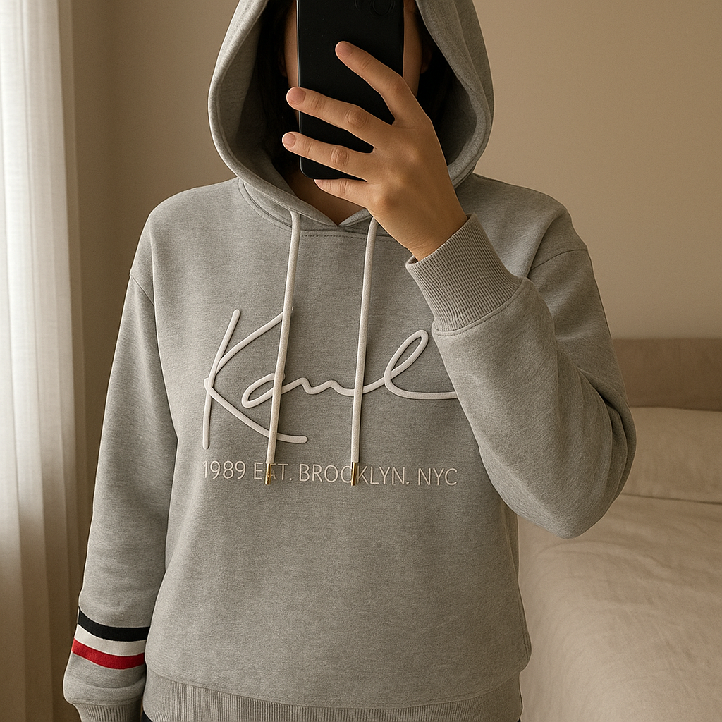 Felpa Karl Kani in piedi, rivolto verso la fotocamera, in una camera da letto con luce soffusa e luce naturale che filtra dalla finestra.