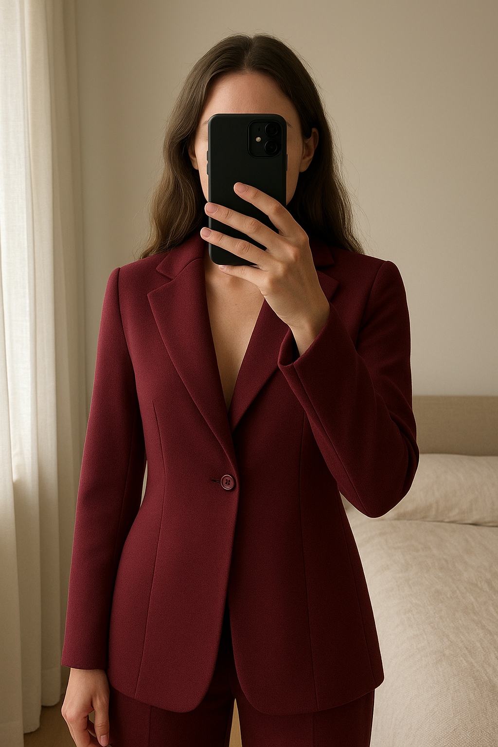 Veste automne bordeaux violacé debout, face à la caméra, dans une chambre à la lumière douce, avec une lumière naturelle filtrant par la fenêtre.