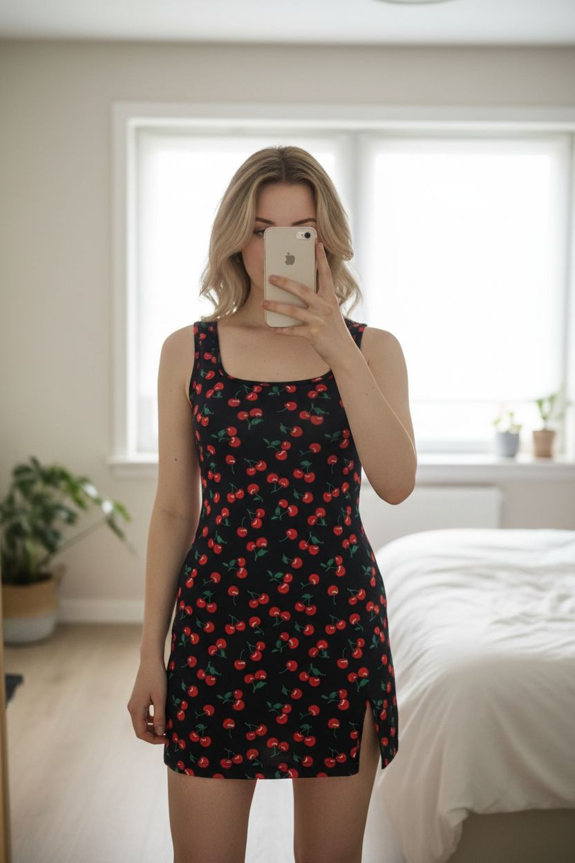 Une personne en Robe courte sans manches, décontractée, été debout, face à la caméra, dans une chambre à la lumière douce, avec une lumière naturelle filtrant par la fenêtre.