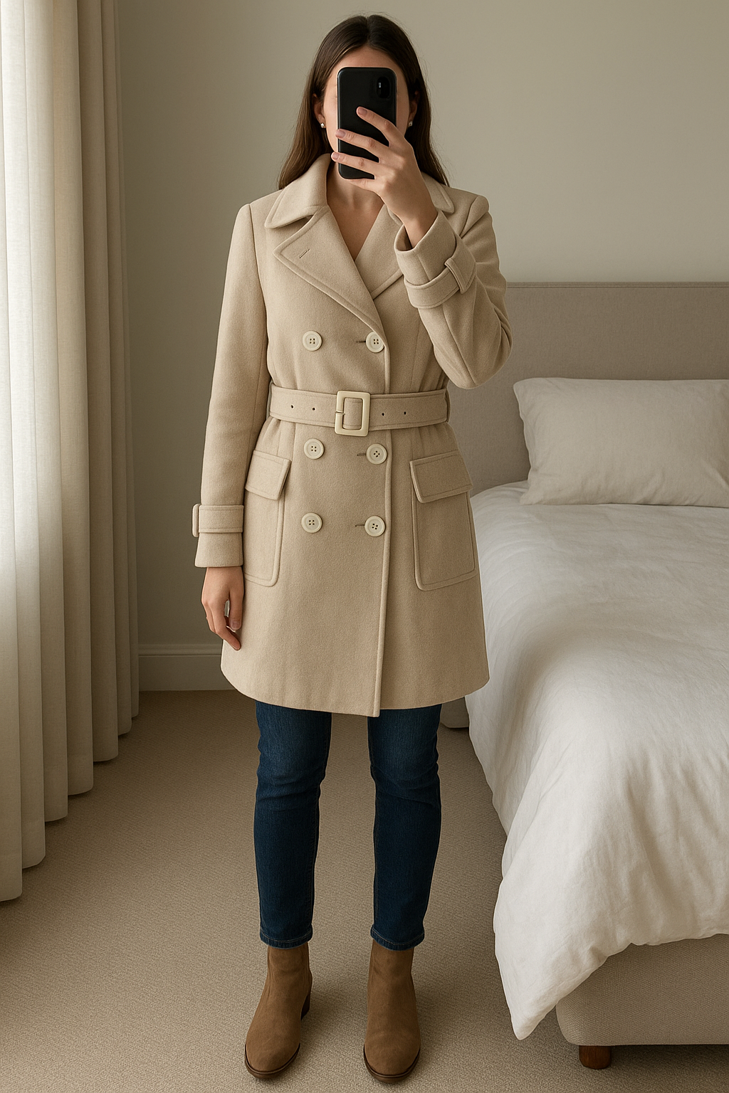 Manteau beige crème debout, face à la caméra, dans une chambre à la lumière douce, avec une lumière naturelle filtrant par la fenêtre.