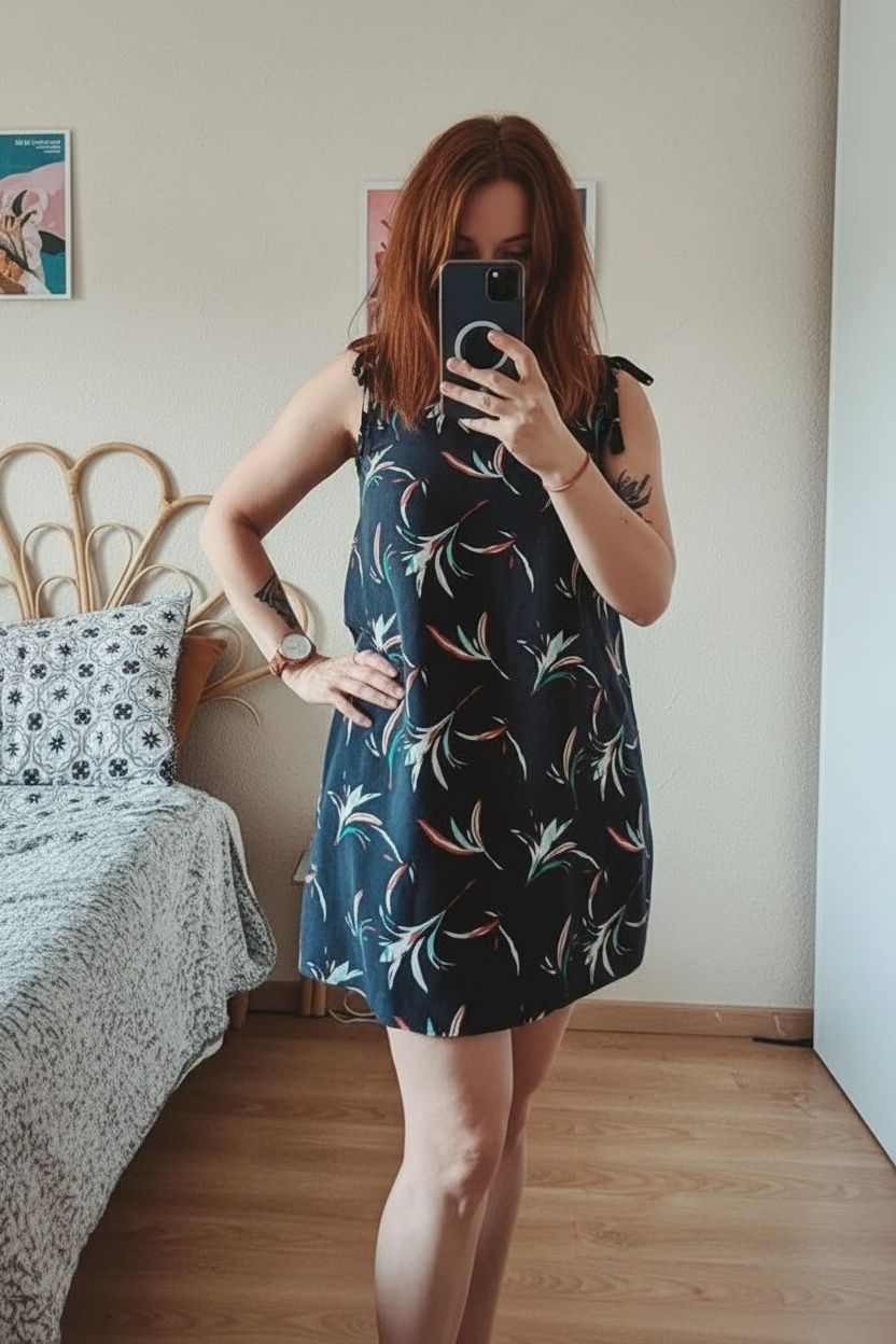 Une personne en Nuisette Kiabi cambrant légèrement le dos pour une pose dynamique, dans une chambre à la lumière douce, avec une lumière naturelle filtrant par la fenêtre.