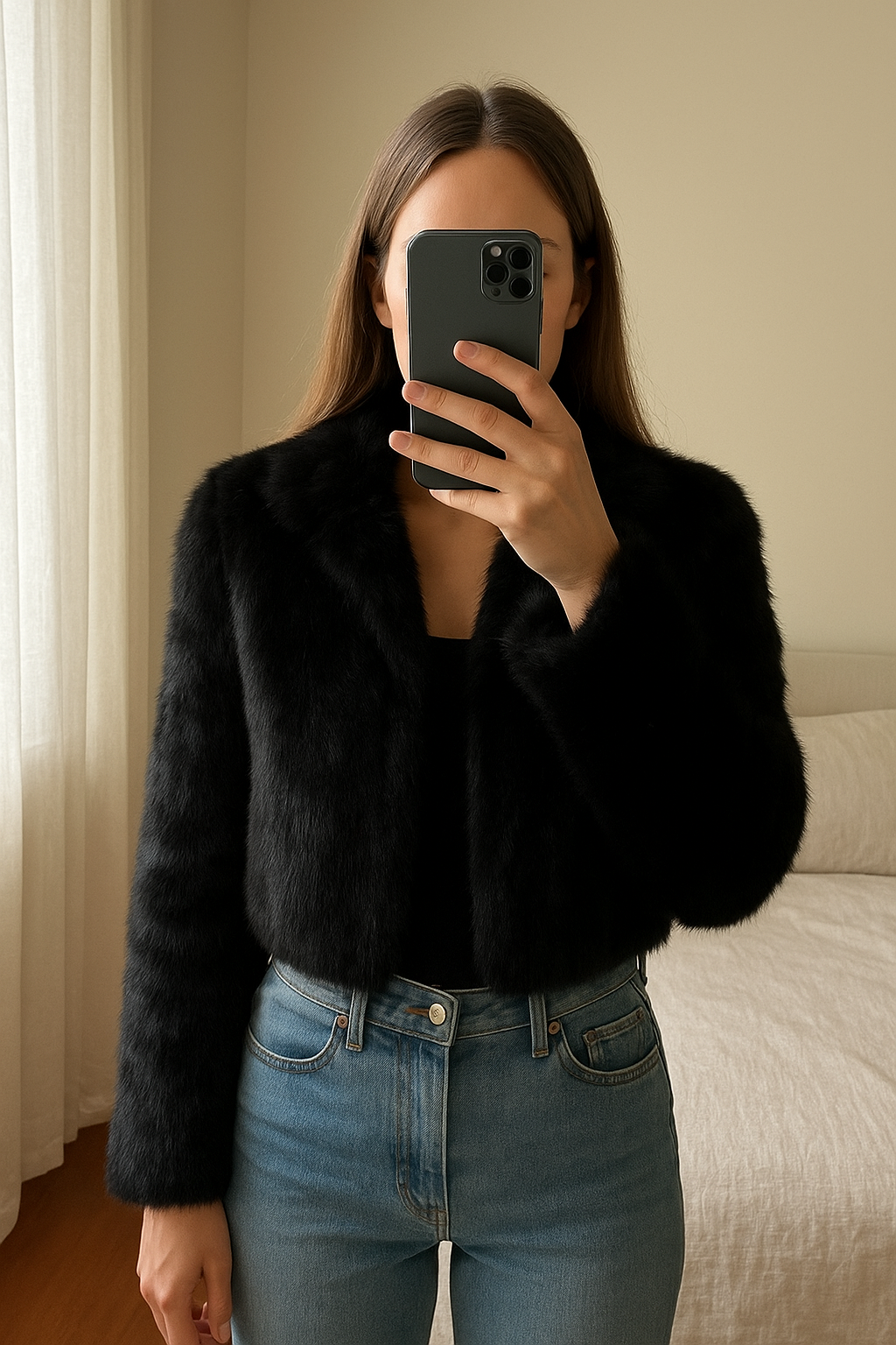 Casaco reversivel de pelo e pele mango e jen ceballos colab em pé, de frente para a câmera, em um quarto com iluminação suave e luz natural filtrando pela janela.