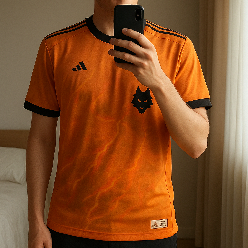 Maglia AS Roma trasferta 25/26-tg L in piedi, rivolto verso la fotocamera, in una camera da letto con luce soffusa e luce naturale che filtra dalla finestra.