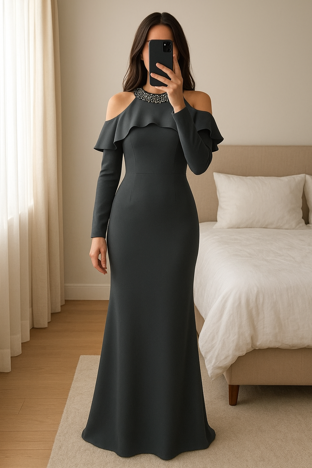 Robe grise longueur debout, face à la caméra, dans une chambre à la lumière douce, avec une lumière naturelle filtrant par la fenêtre.