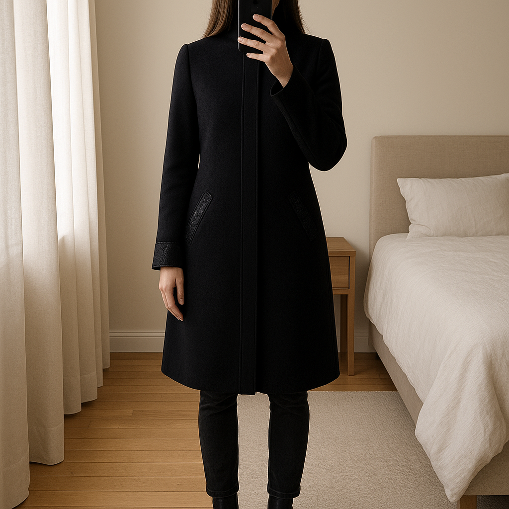 Manteau femme debout, face à la caméra, dans une chambre à la lumière douce, avec une lumière naturelle filtrant par la fenêtre.