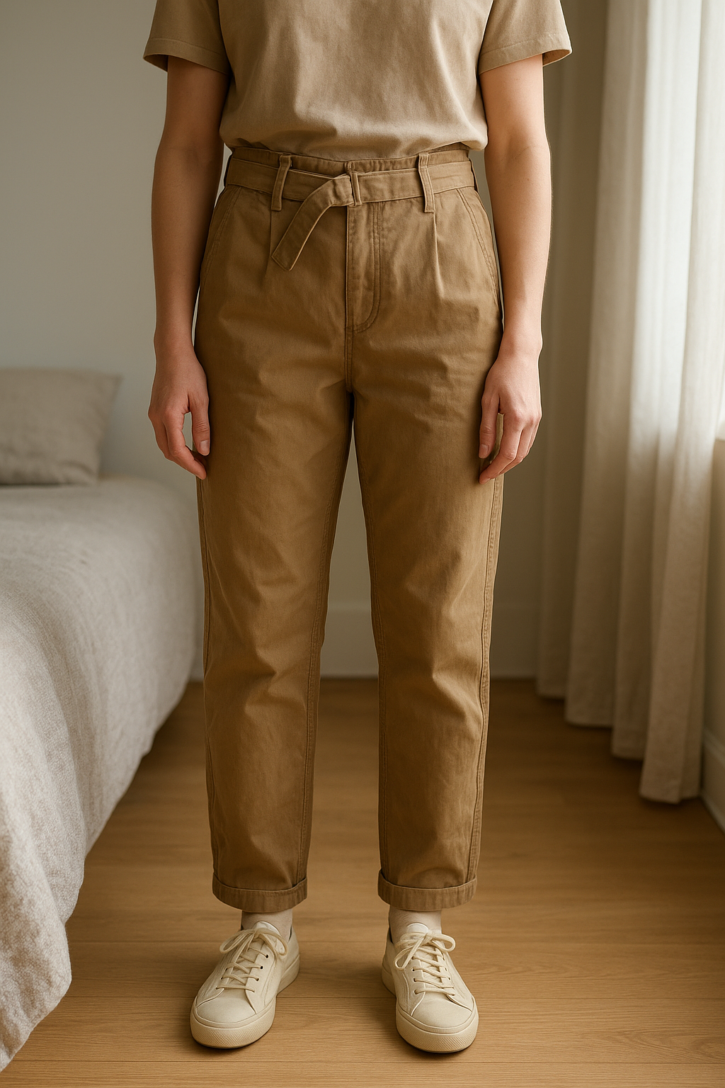 Pantalon Ralph Lauren 16 ans debout, face à la caméra, dans une chambre à la lumière douce, avec une lumière naturelle filtrant par la fenêtre.