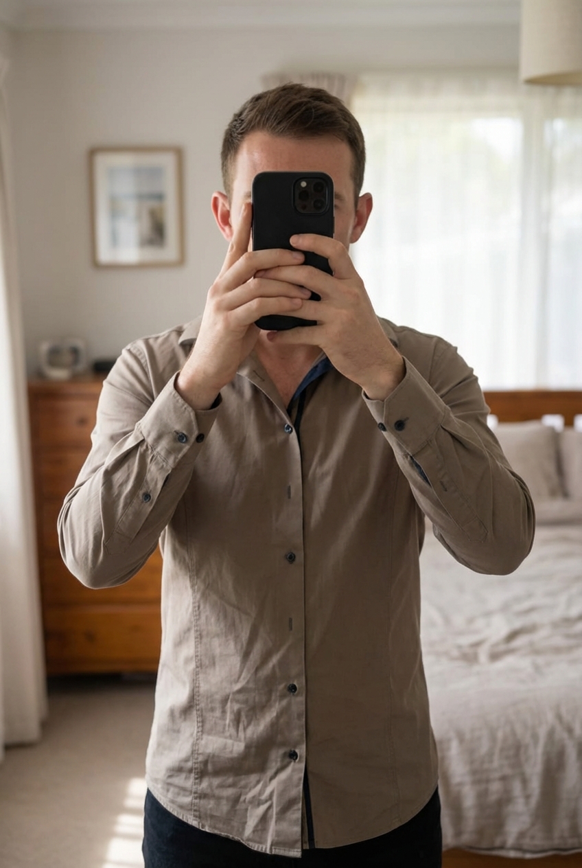 chemise Torrente kaki debout, face à la caméra, dans une chambre à la lumière douce, avec une lumière naturelle filtrant par la fenêtre.