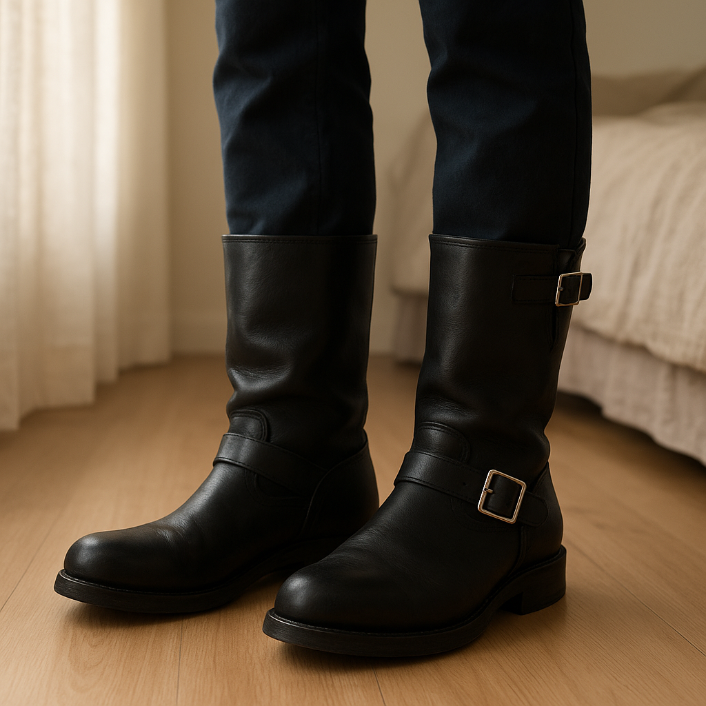 Unisex black leather motorbike boots de pie, mirando a la cámara, en un dormitorio con luz suave y natural filtrándose por la ventana.