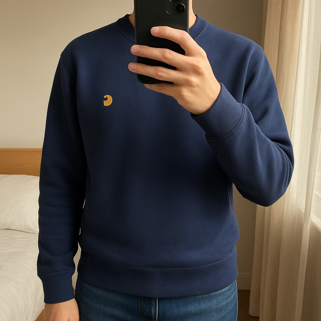 Sudadera carhartt de pie, mirando a la cámara, en un dormitorio con luz suave y natural filtrándose por la ventana.