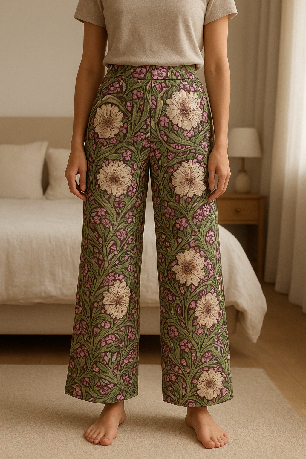 Stoffhose Lyocell blumig geblümt H&M Conscious aufrecht stehend, der Kamera zugewandt, in einem sanft beleuchteten Schlafzimmer, mit natürlichem Licht, das durch ein Fenster fällt.