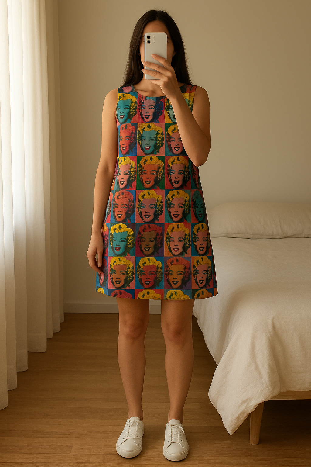 Andy Warhol x Pepe Jeans London silk dress – Marilyn Monroe print Size S em pé, de frente para a câmera, em um quarto com iluminação suave e luz natural filtrando pela janela.