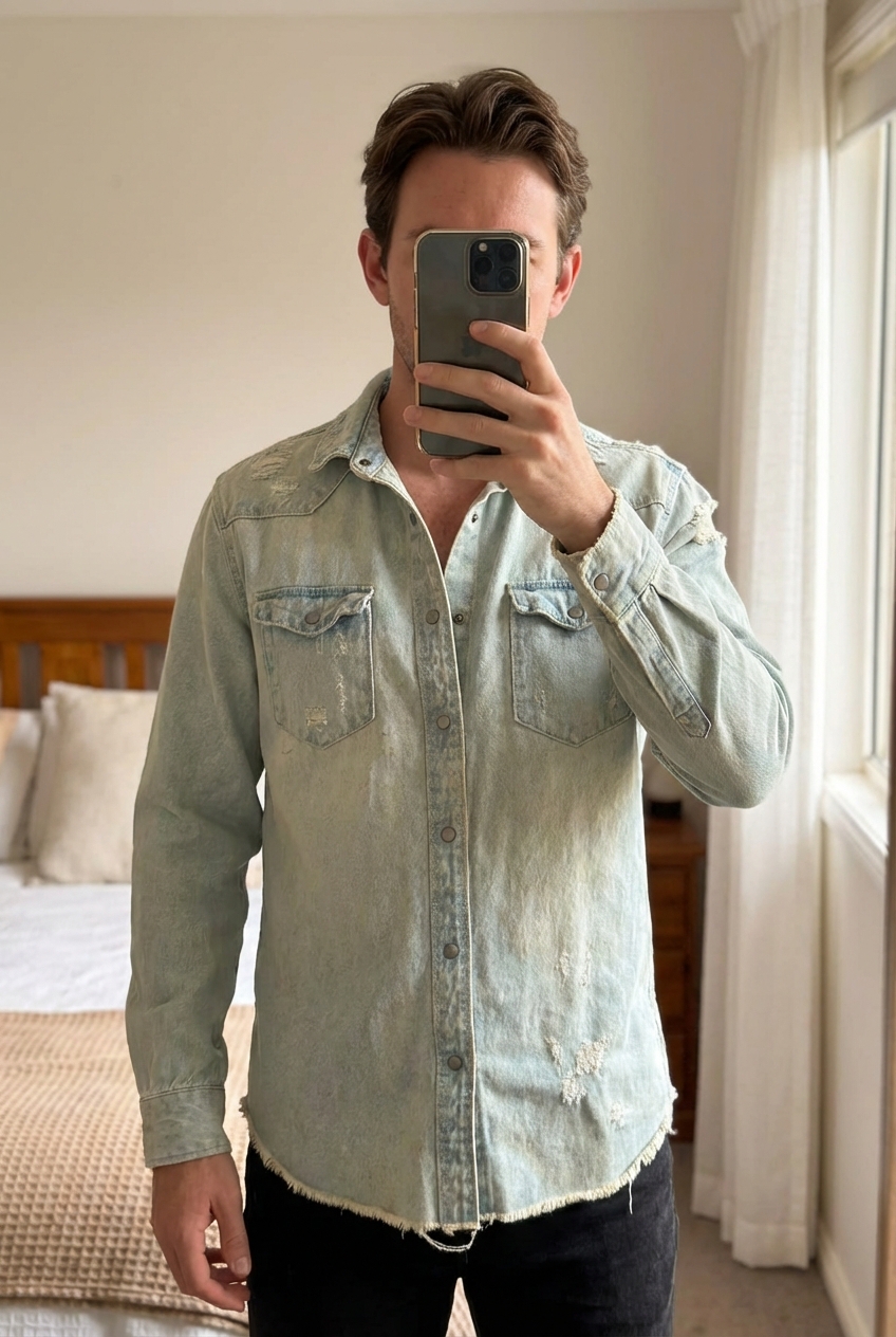 💙 Chemise jean Zara délavée debout, face à la caméra, dans une chambre à la lumière douce, avec une lumière naturelle filtrant par la fenêtre.