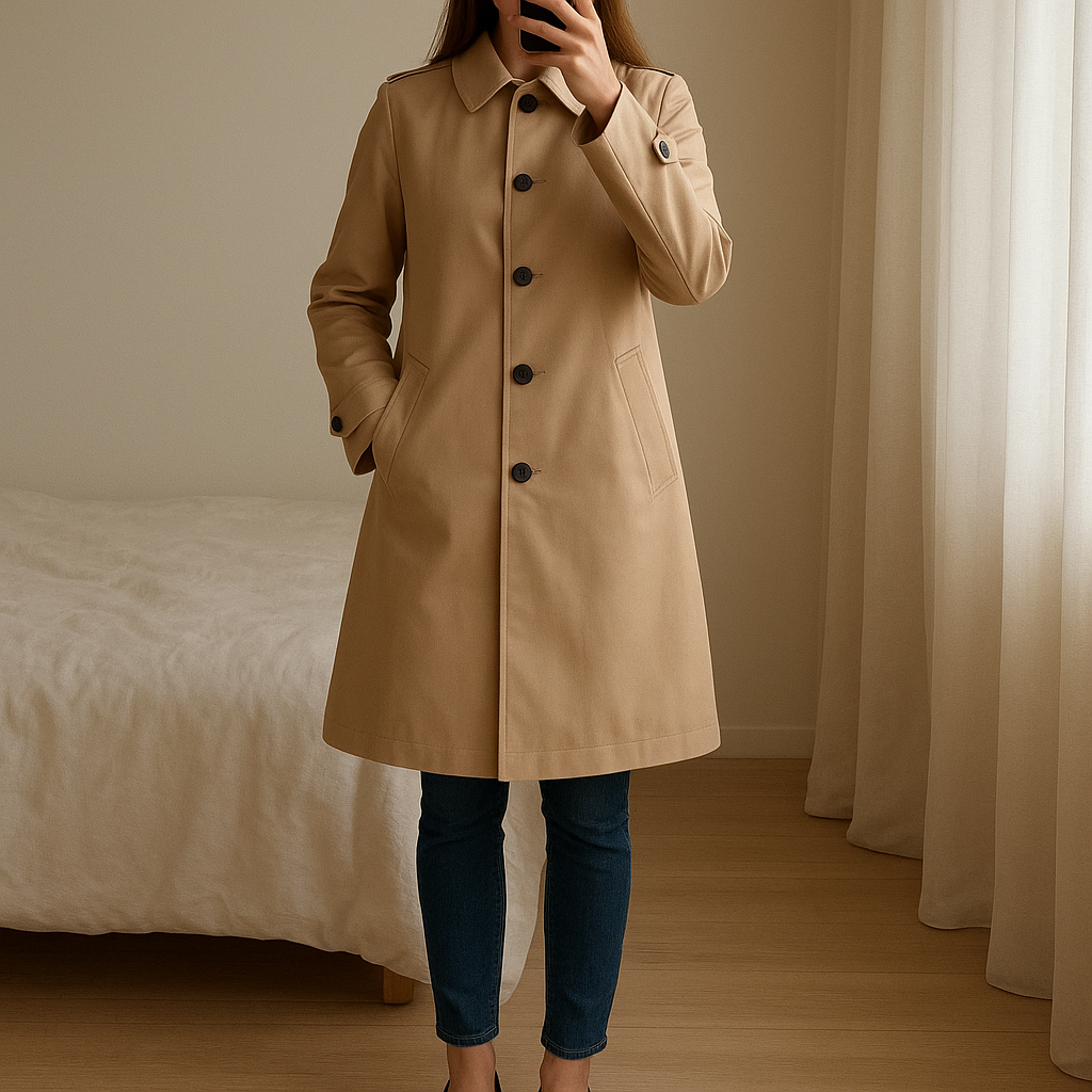 Trench a doppio petto in piedi, rivolto verso la fotocamera, in una camera da letto con luce soffusa e luce naturale che filtra dalla finestra.