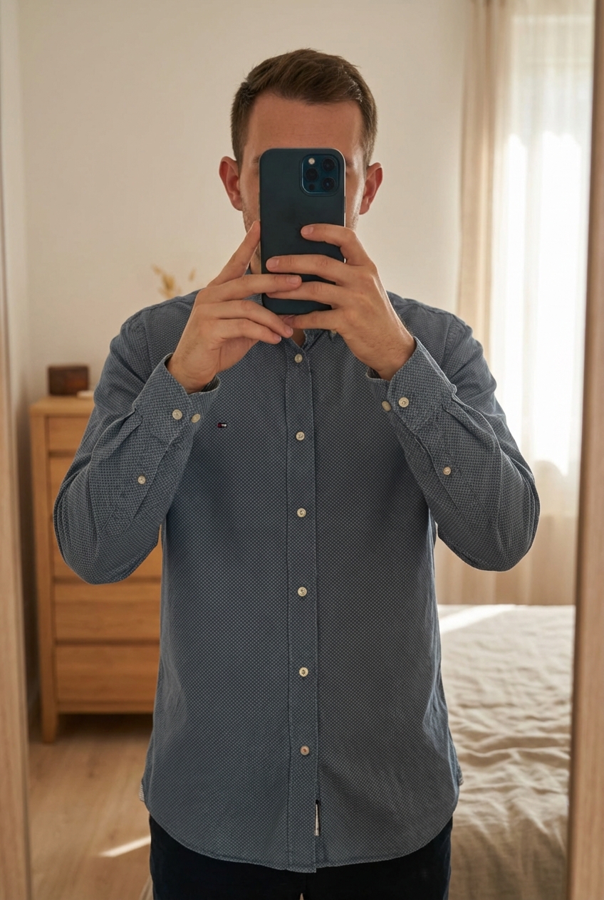 Chemise Tommy Hilfiger – Regular Fit – Taille M – Très bon état debout, face à la caméra, dans une chambre à la lumière douce, avec une lumière naturelle filtrant par la fenêtre.