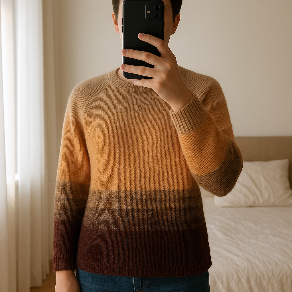 Pull tricoté main automnal taille xl debout, face à la caméra, dans une chambre à la lumière douce, avec une lumière naturelle filtrant par la fenêtre.