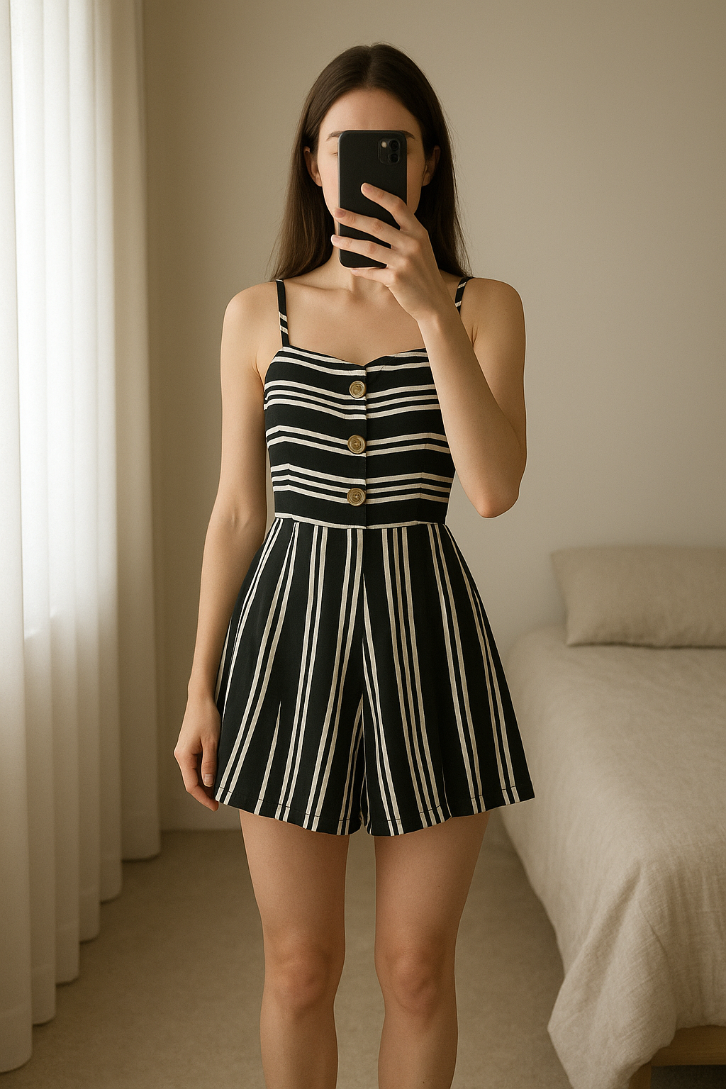 Tuta nera a righe bianche in piedi, rivolto verso la fotocamera, in una camera da letto con luce soffusa e luce naturale che filtra dalla finestra.