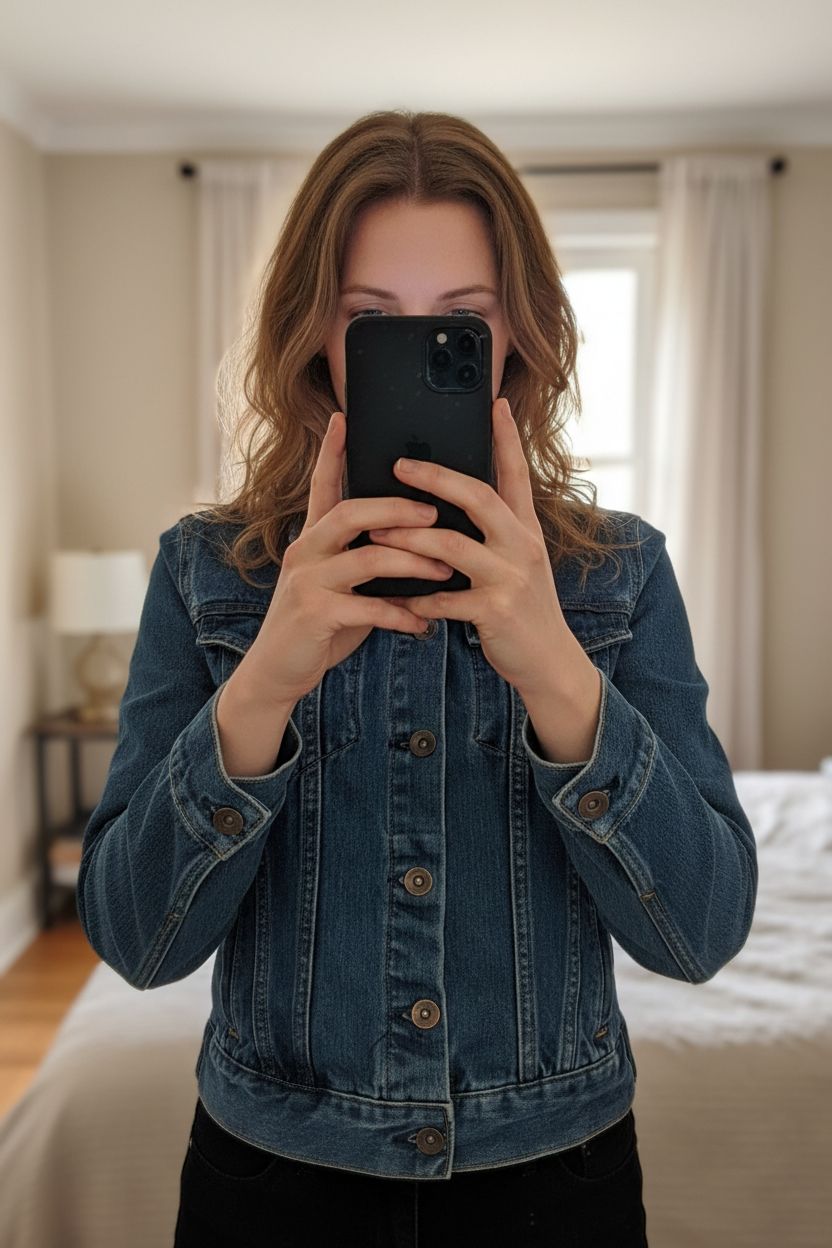 Cazadora vaquera de pie, mirando a la cámara, en un dormitorio con luz suave y natural filtrándose por la ventana.