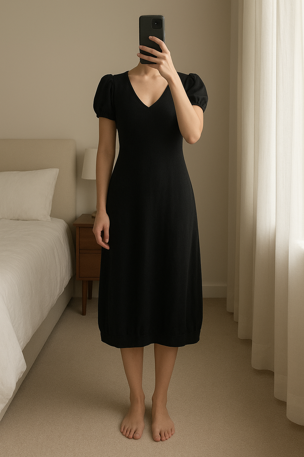 Abito Zara taglia M in piedi, rivolto verso la fotocamera, in una camera da letto con luce soffusa e luce naturale che filtra dalla finestra.