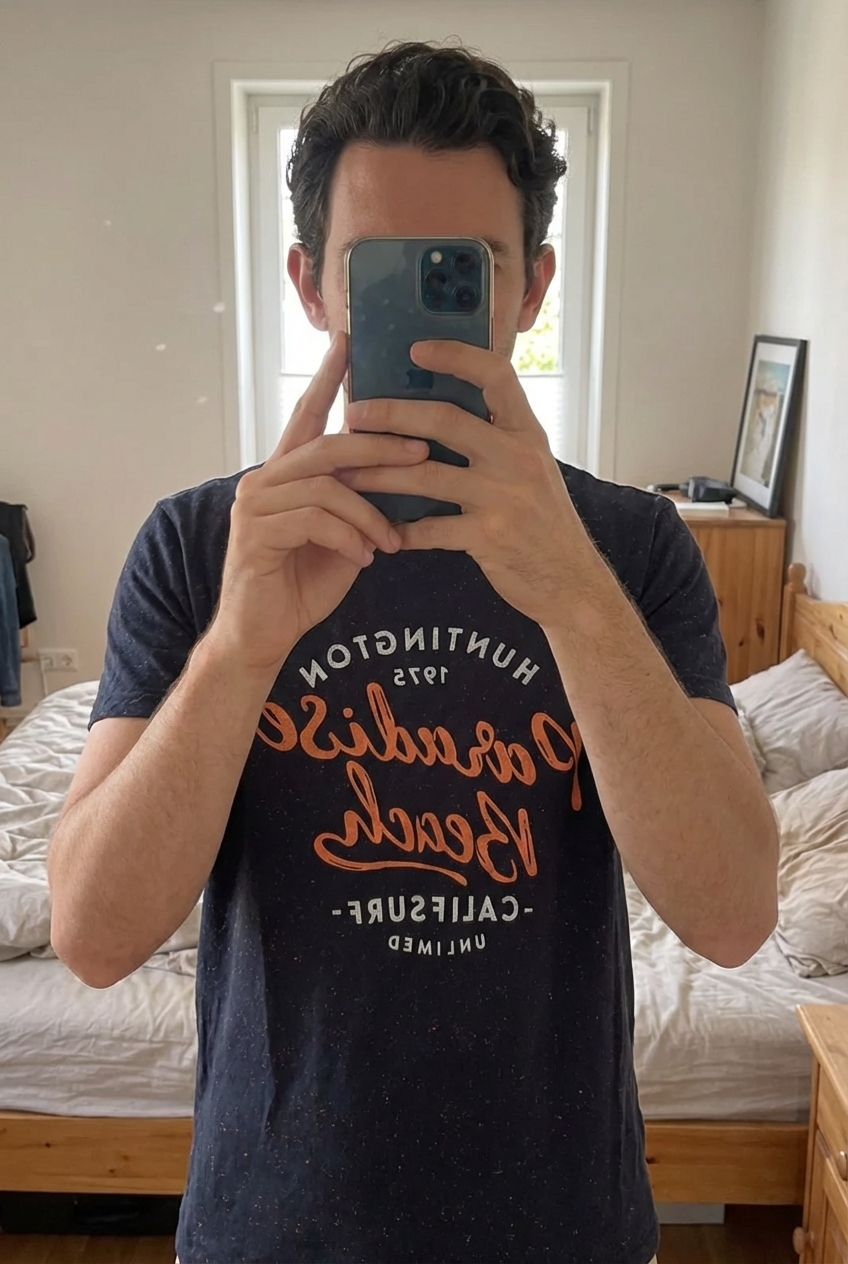 Tee shirt homme huntington taille xl debout, face à la caméra, dans une chambre à la lumière douce, avec une lumière naturelle filtrant par la fenêtre.