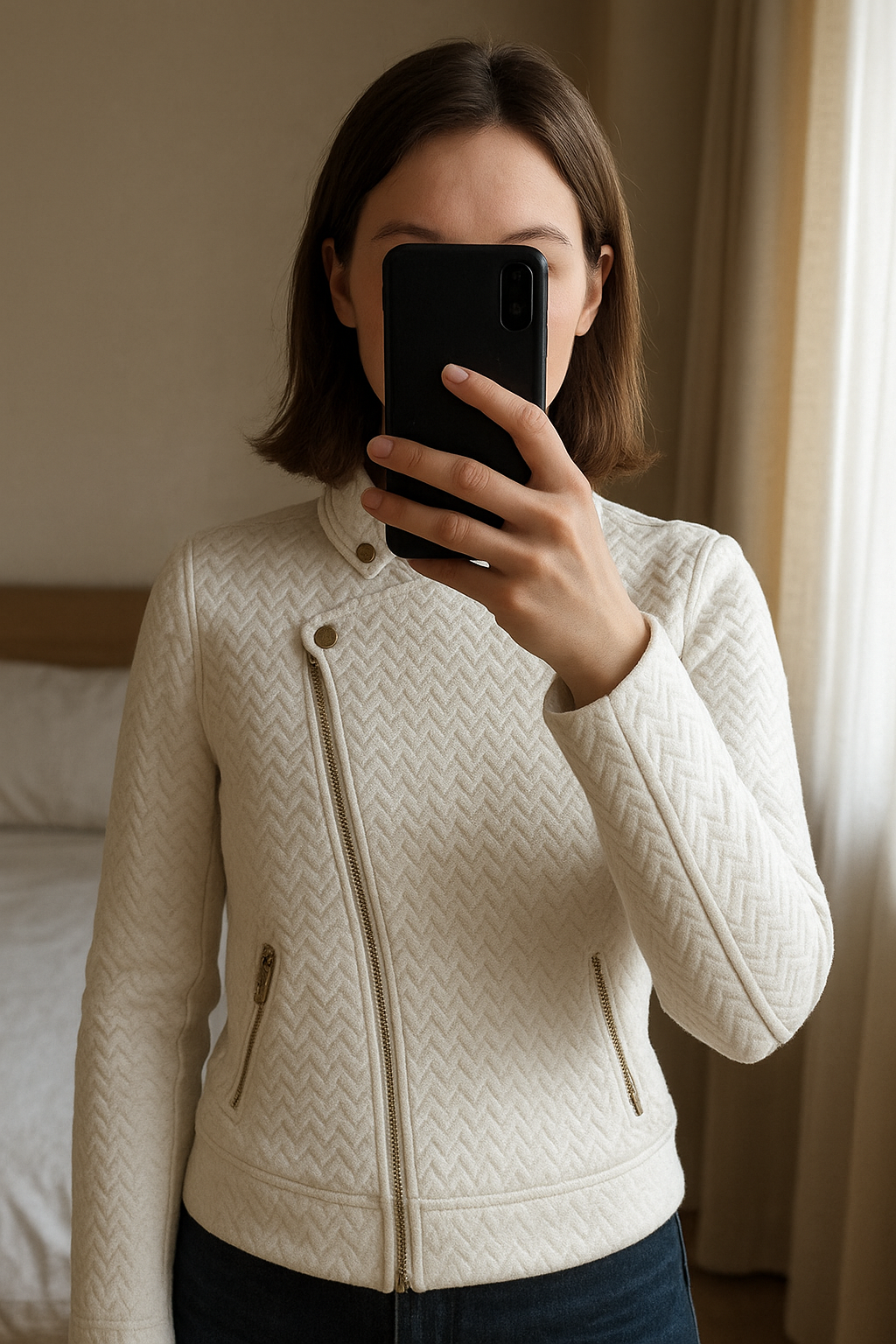 Veste orchestra 12 ans écru debout, face à la caméra, dans une chambre à la lumière douce, avec une lumière naturelle filtrant par la fenêtre.